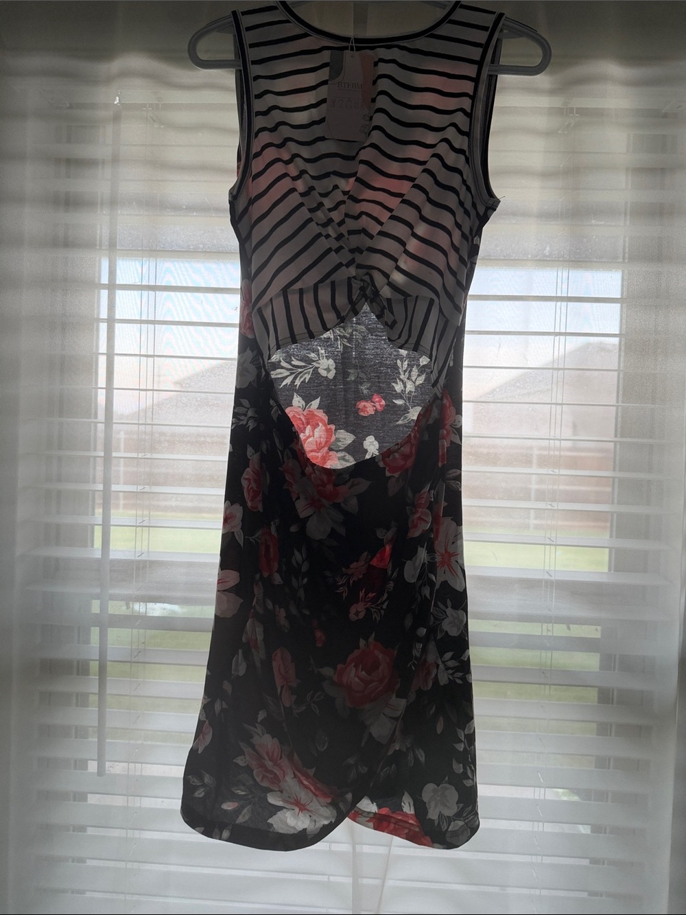 Striped & Floral Twist-Front Black Midi Dress in Pink - Picture 3 of 10